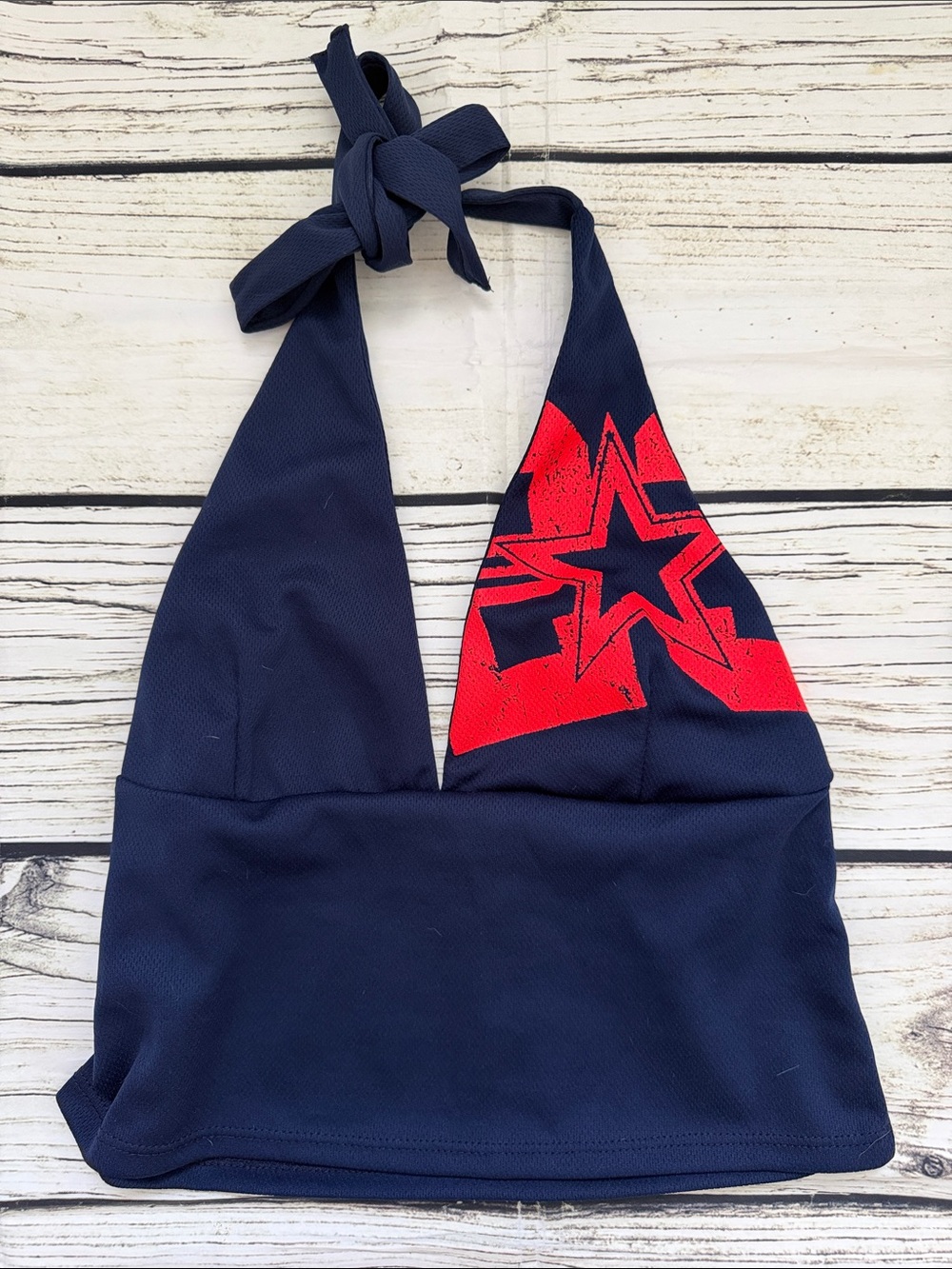 ♡  Cherry Mellow Navy Halter Crop Top with Red Star Accent S